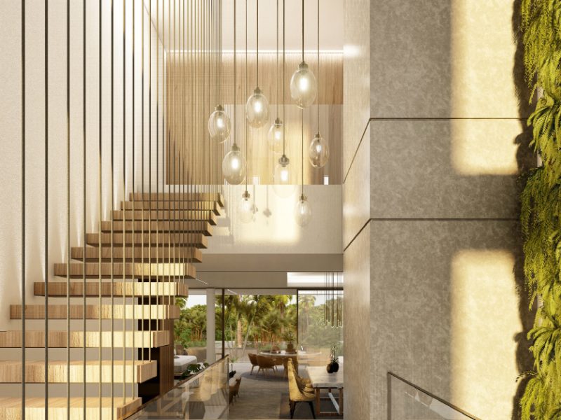 Creative 3D rendering of extravagant staircase, pendant lighting and modern interiors