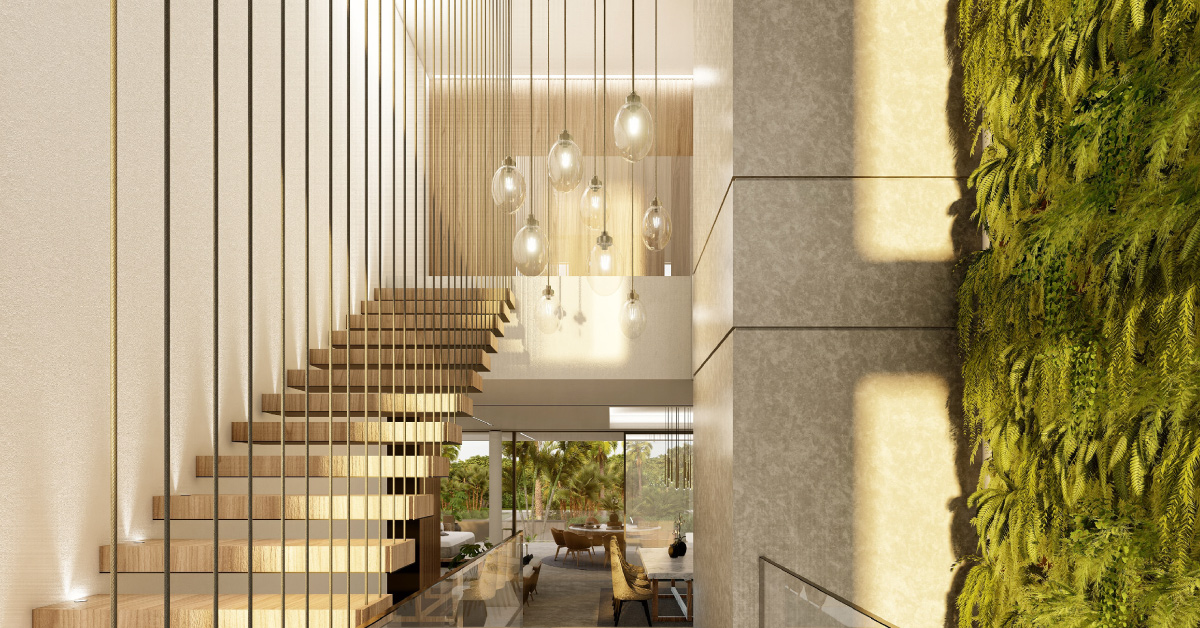 Creative 3D rendering of extravagant staircase, pendant lighting and modern interiors